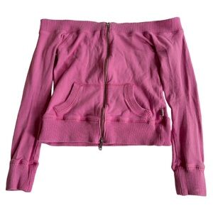 Pink Off-Shoulder Zip-Up Sweater